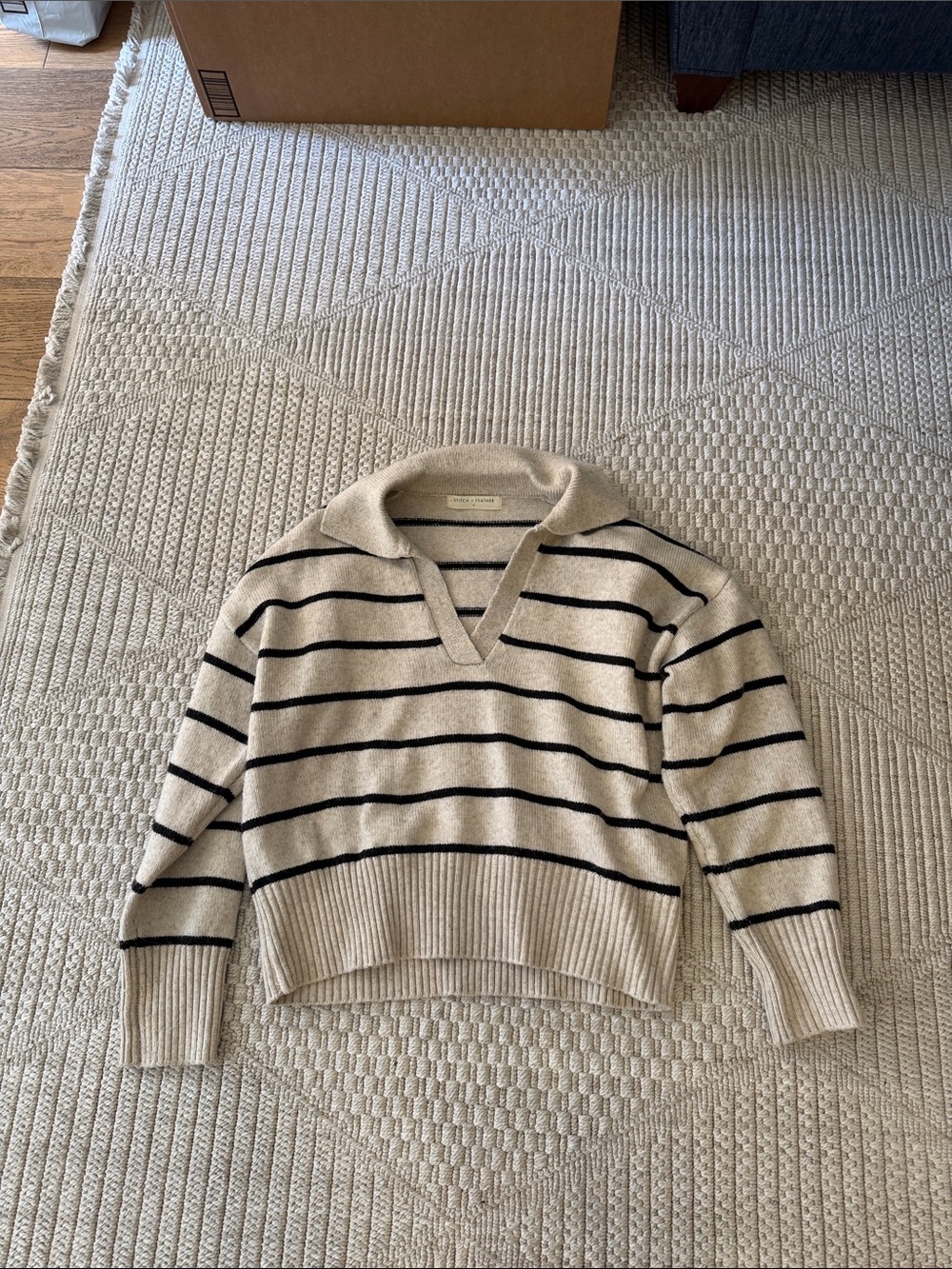 Striped V-Neck Collared Sweater in Cream and Black